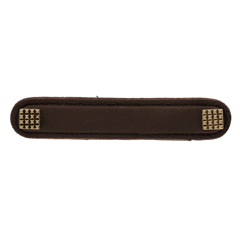 Vicenza Hardware Leather Collection 5" (128mm) Solferino Pull in Brown Leather in Antique Brass
