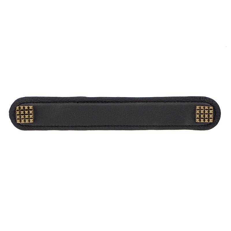 Vicenza Hardware Leather Collection 6" (152mm) Solferino Pull in Black Leather in Antique Brass