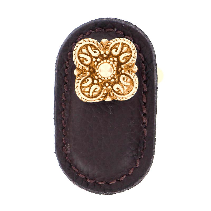 Vicenza Hardware Leather Collection Napoli Knob in Brown Leather in Polished Gold