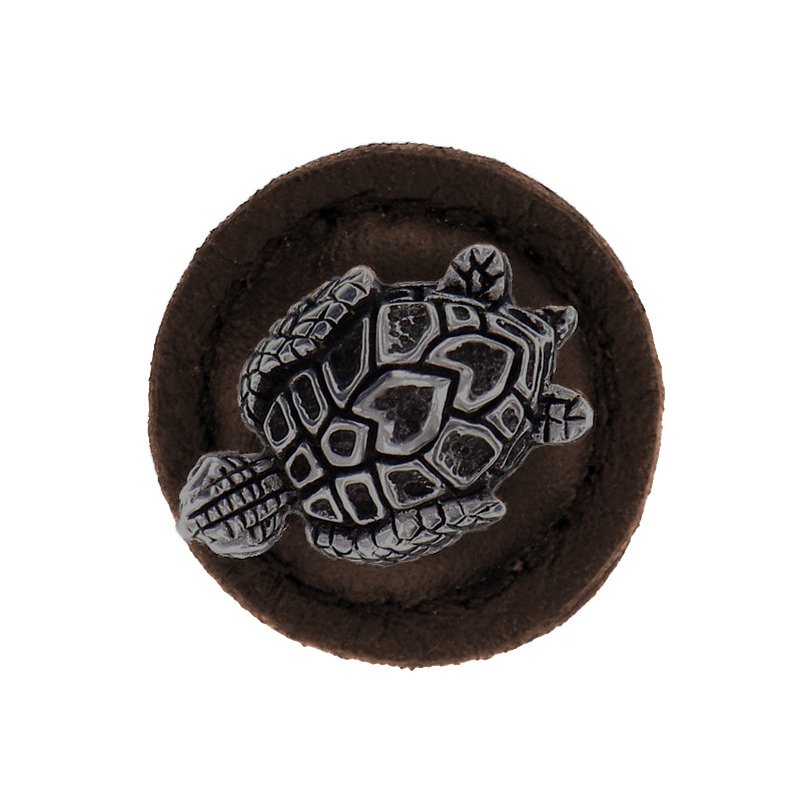Vicenza Hardware 1 1/4" Round Turtle Knob with Leather Insert in Gunmetal with Brown Leather Insert