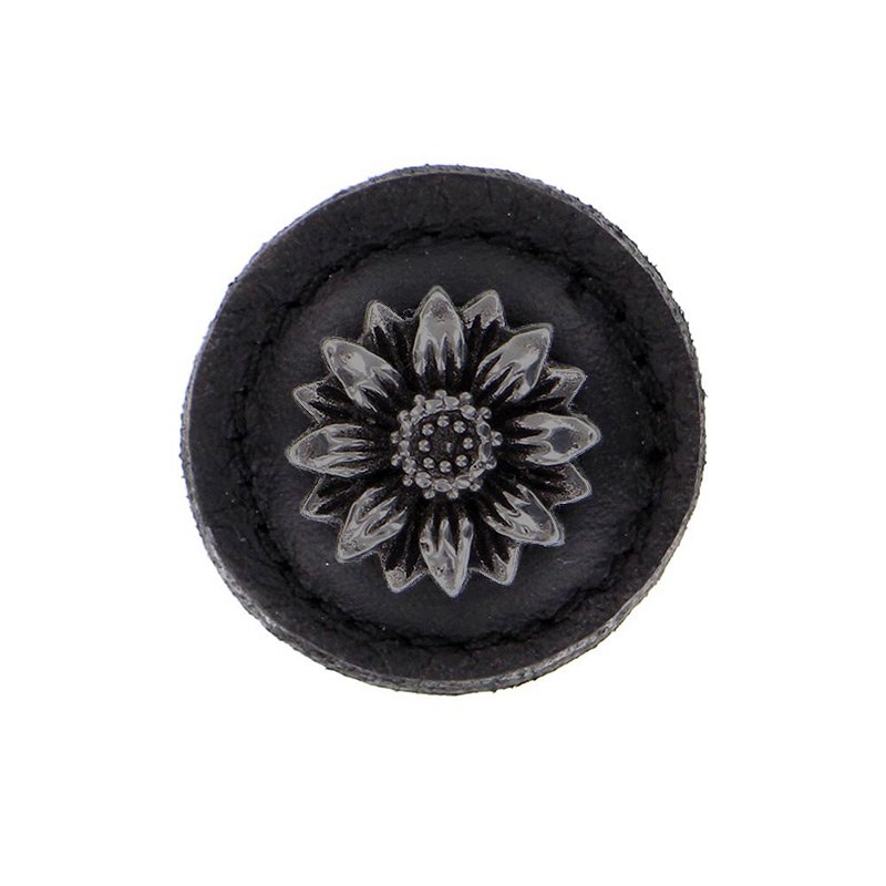 Vicenza Hardware 1 1/4" Daisy Knob with Leather Insert in Gunmetal with Black Leather Insert