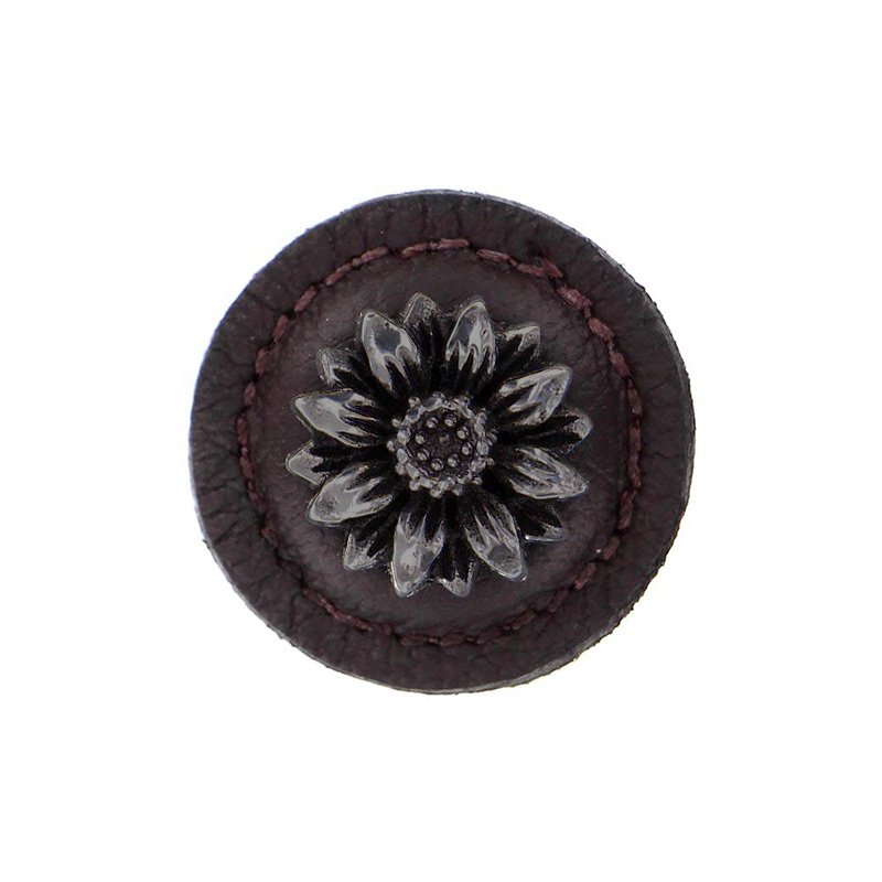 Vicenza Hardware 1 1/4" Daisy Knob with Leather Insert in Gunmetal with Brown Leather Insert