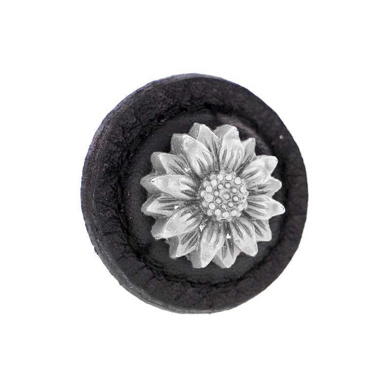 Vicenza Hardware 1 1/4" Daisy Knob with Leather Insert in Satin Nickel with Black Leather Insert
