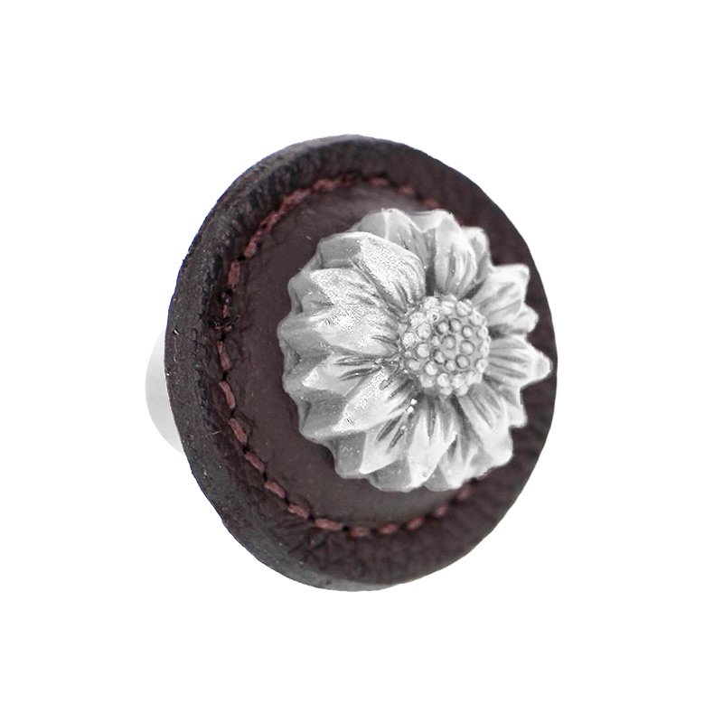Vicenza Hardware 1 1/4" Daisy Knob with Leather Insert in Satin Nickel with Brown Leather Insert