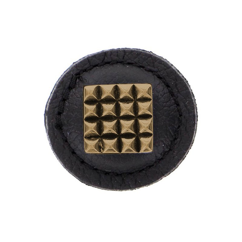 Vicenza Hardware 1 1/4" Square Knob with Leather Insert in Antique Brass with Black Leather Insert