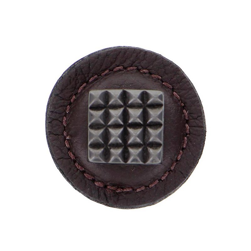 Vicenza Hardware 1 1/4" Square Knob with Leather Insert in Gunmetal with Brown Leather Insert