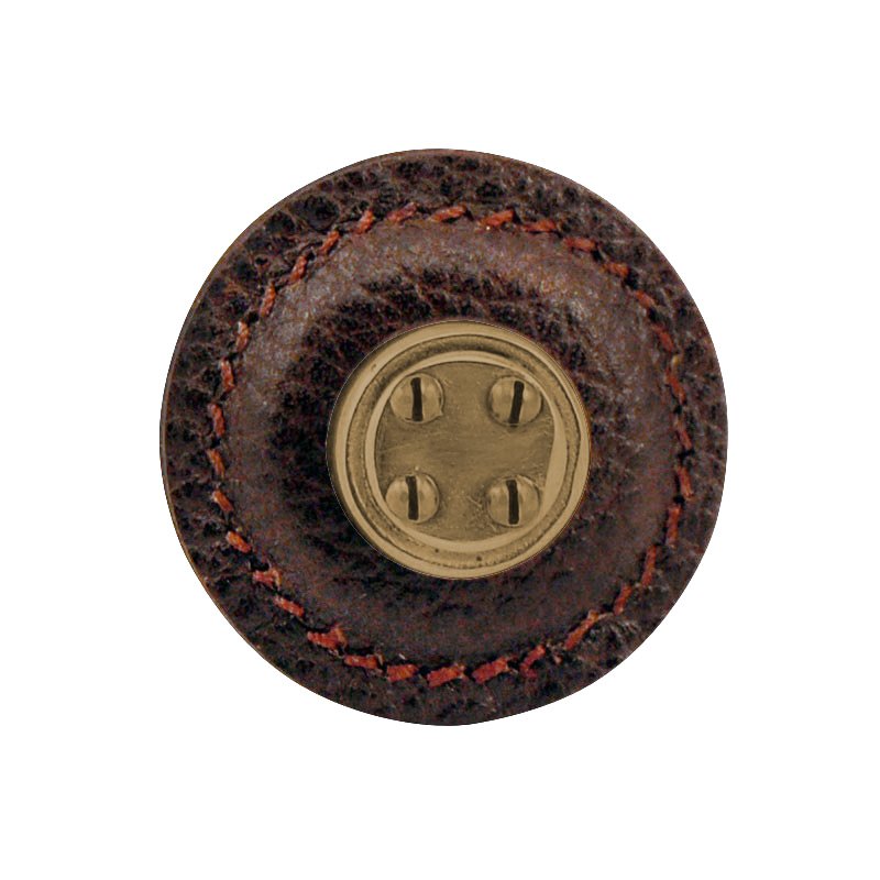 Vicenza Hardware 1 1/4" Round Nail Head Knob with Leather Insert in Antique Brass with Brown Leather Insert