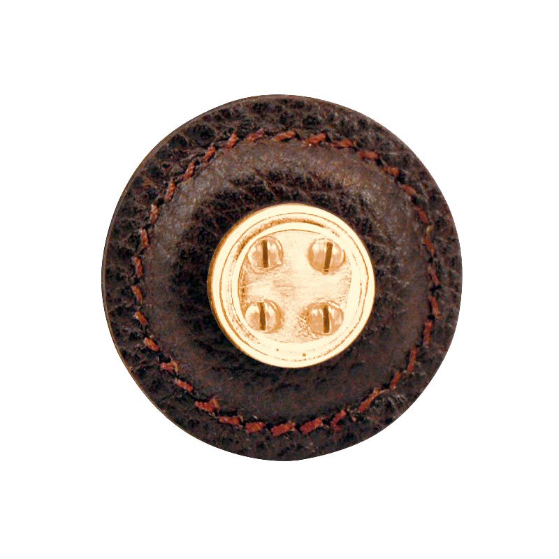 Vicenza Hardware 1 1/4" Round Nail Head Knob with Leather Insert in Polished Gold with Brown Leather Insert