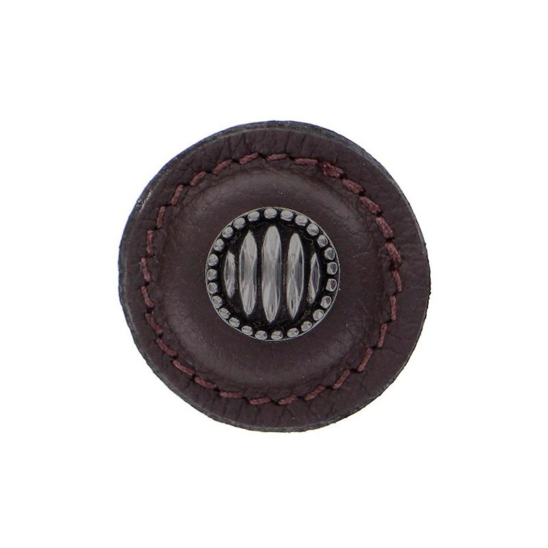 Vicenza Hardware 1 1/4" Round Lines and Dots Knob with Leather Insert in Gunmetal with Brown Leather Insert