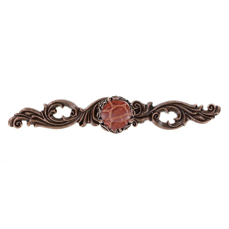 Vicenza Hardware Viola with Brown Pebble Leather Insert Knob with Decorative Backplate in Antique Copper