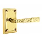 Right Handed Privacy Hammered Door Lever with Arts & Crafts Rectangular Rose in Unlacquered Brass