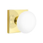 Privacy Ice White Porcelain Knob With Modern Square Rosette in Unlacquered Brass
