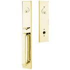 Double Cylinder Lausanne Handleset with Freestone Square Knob in Unlacquered Brass
