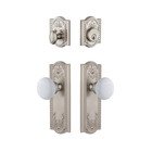 Parthenon Plate With Hyde Park Porcelain Knob & Matching Deadbolt In Satin Nickel