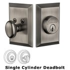 Grandeur Single Cylinder Deadbolt with Fifth Avenue Plate in Antique Pewter