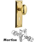 Complete Mortise Lockset - New York Plate with Homestead Knob in Polished Brass