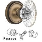 Passage Knob - Classic Rose with Oval Fluted Crystal Knob in Antique Brass