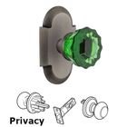 Nostalgic Warehouse - Privacy - Cottage Plate Crystal Emerald Glass Door Knob in Antique Pewter